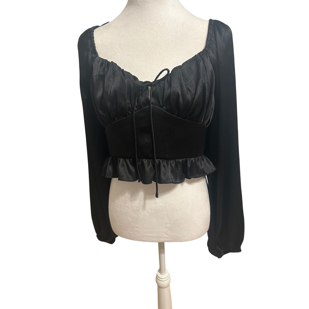 Babydoll black pirate Whimsygoth cropped silky ruffled sexy longsleeve blouse M